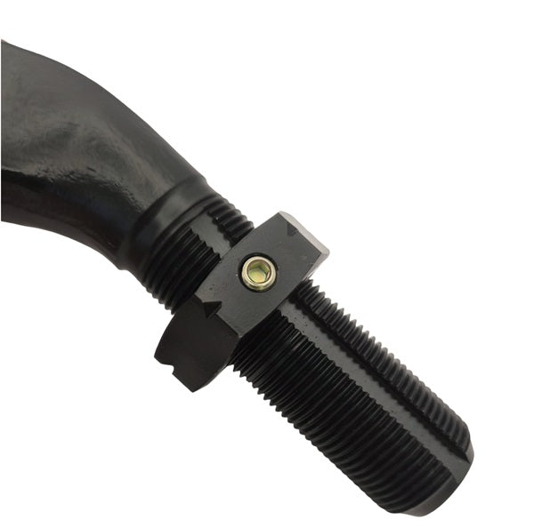 Close-up of an Apex Chassis DL310 Drag Link End (LHT at Knuckle) in black metal, with a large hex nut and small bubble level, suitable for automotive or 4WD assemblies like the Dodge Ram 2500/3500.