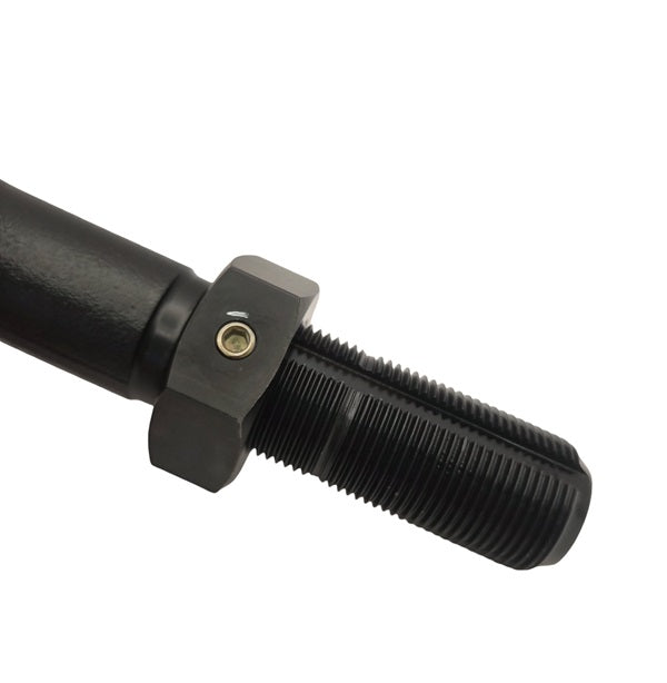 Close-up of the Apex Chassis DL311 Drag Link End (RHT at Pitman) in black metal with a textured shaft and hexagonal nut—ideal for maintaining 4WD vehicles such as Dodge Ram 2500 and 3500.
