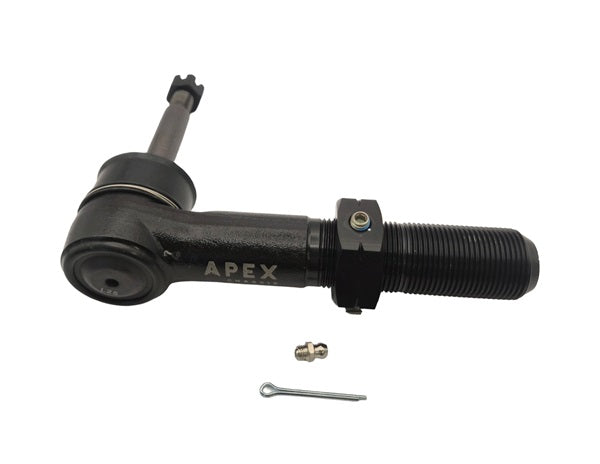 A black metal DL317 - Drag Link End (RH) by Apex Chassis, shown with a grease fitting and cotter pin on a white background; compatible as a drag link end for Ford F-250 and F-350 Super Duty models.