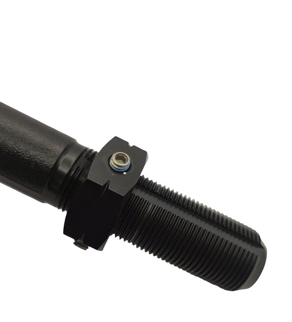 Close-up of an Apex Chassis DL317 Drag Link End (RH) black metal threaded rod with hex nut and lock washer for Ford F-250/F-350 Super Duty, shown on a white background.