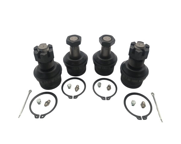 Apex Chassis KIT161 Super HD Ball Joint Kit (2 BJ148, 2 BJ149) for Chevrolet, Ford, Jeep includes hardware—snap rings, cotter pins, grease fittings, bolts—shown on a white background.