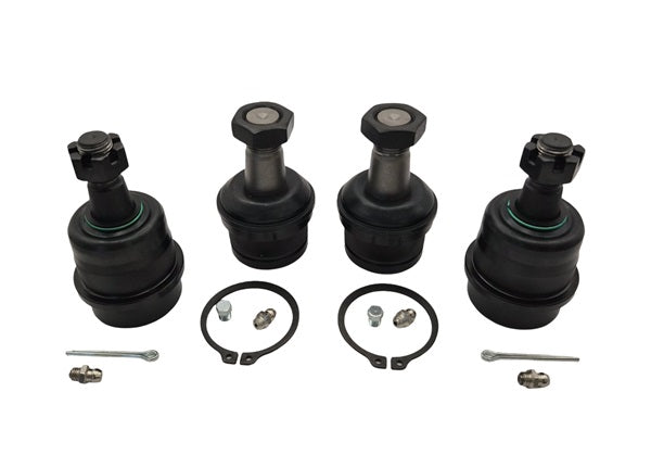 Four Apex Chassis KIT162 Super HD ball joints (2 BJ107, 2 BJ149) for Dodge RAM 2500/3500 4WD are shown in a row with two snap rings, two cotter pins, and four grease fittings, all neatly arranged on a white background.