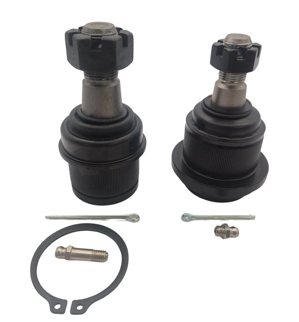 Two Apex Chassis KIT201K Super HD Dodge Ram ball joints with black knurled housings, castle nuts, and cotter pins. In front, a retaining ring, grease fitting, and small bolt from the kit are arranged on a white surface.