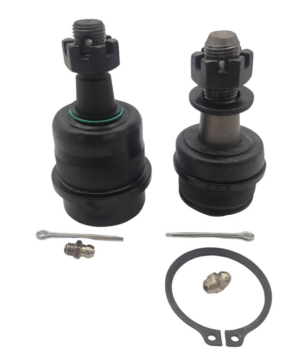 The Apex Chassis KIT202 Jeep Super HD Ball Joint Kit—includes BJ107 and BJ109 with studs, castle nuts, snap ring, grease fittings, and a cotter pin—fits Wrangler JK models and is shown on a white background.
