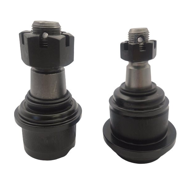 Two black metal Apex Chassis ball joints from the KIT211K Dodge Ram Knurled Housing Kit (BJ130K, BJ150) with threaded ends and castle nuts are shown upright, side by side, on a white background.