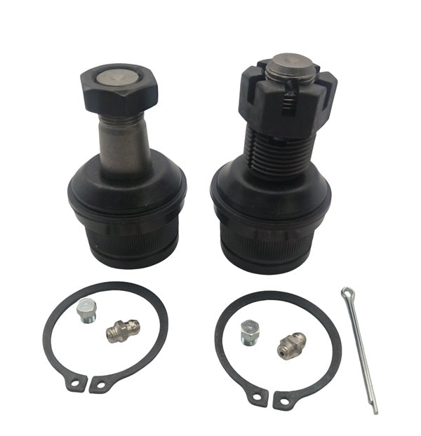 Two black Apex Chassis KIT261 Super HD ball joints (BJ148, BJ149) with bolts, circlips, grease fittings, and a cotter pin are laid out on white. Compatible with Chevrolet, Ford, or Jeep; each has hexagonal and slotted top ends.