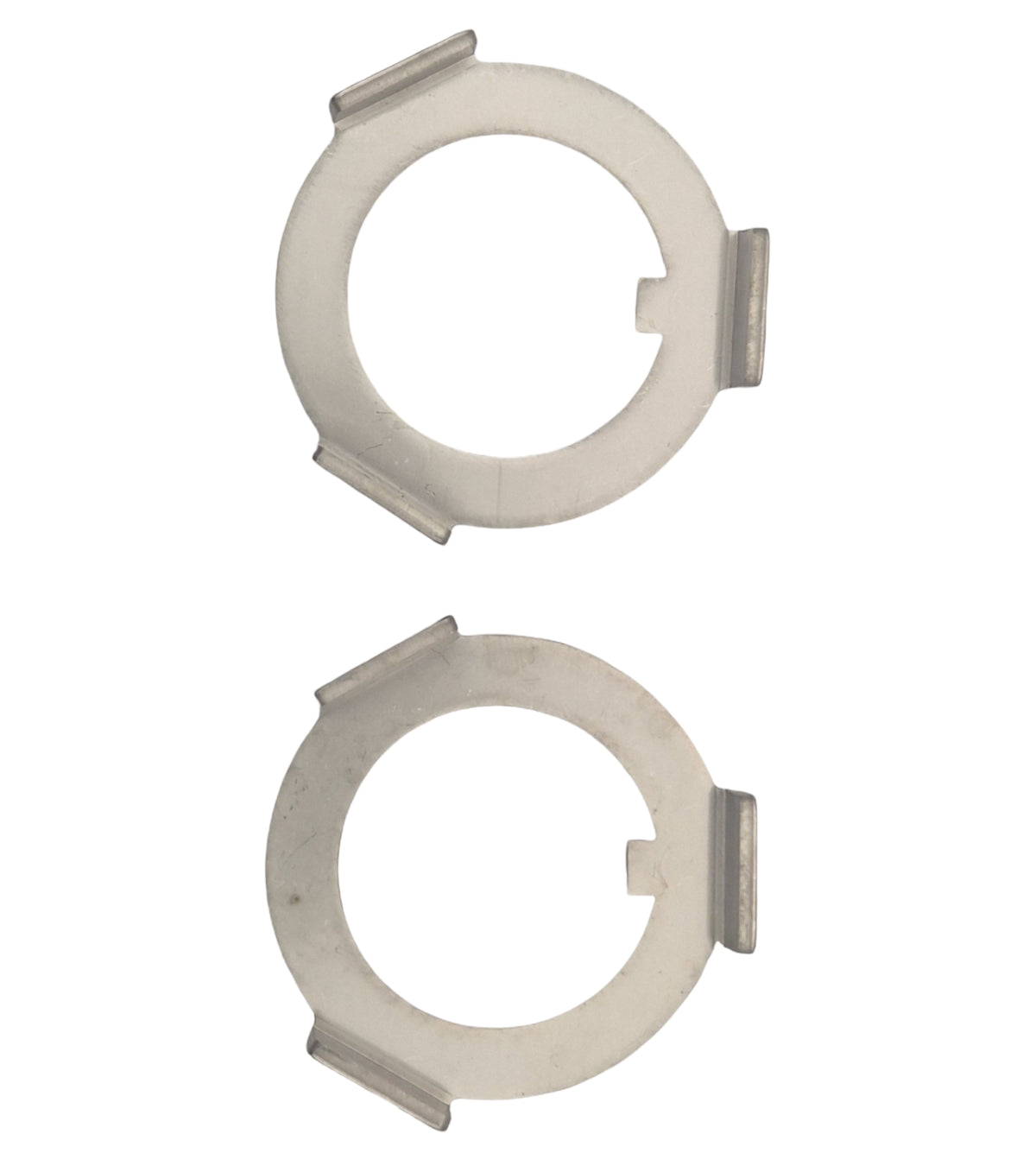 Two identical metal circular clips with three tabs each, positioned vertically one above the other on a plain white background.