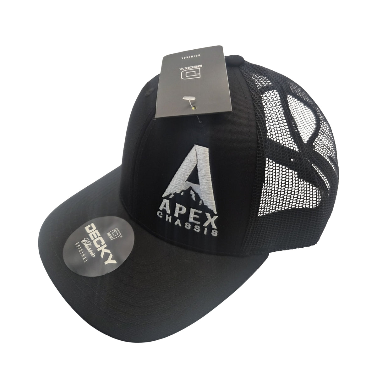 The Apex SnapBack Trucker Hat by Apex Chassis is a black mesh hat featuring a white embroidered mountain-themed A logo, breathable mesh panels, curved bill, and adjustable snap closure for comfort.