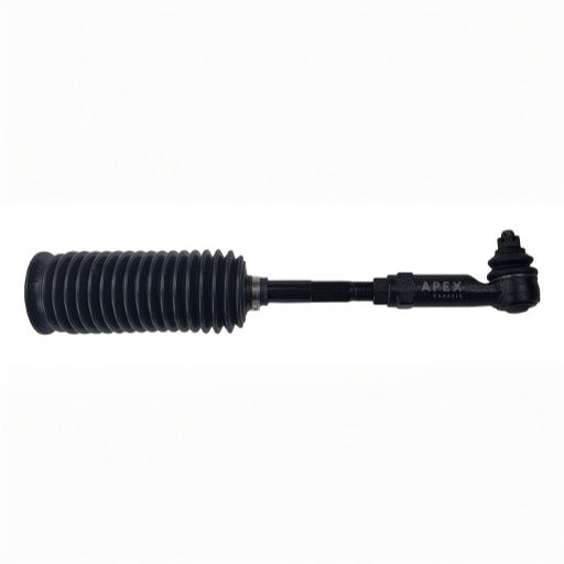 An Apex Chassis TR230 Toyota 4Runner Tie Rod Assy. (LH or RH) featuring a black ribbed rubber boot, metal shaft, and ball joint, isolated on a white background.