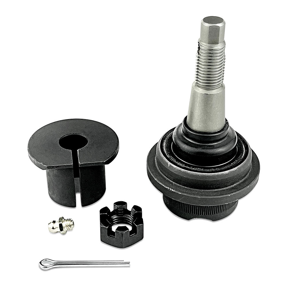 The Apex Chassis BJ160 Super HD Upper Ball Joint set for Jeep Wrangler JL/JT includes a ball joint, slotted collar, grease fitting, metal cotter pin, and castle nut on a white background—ideal for 4WD upgrades.