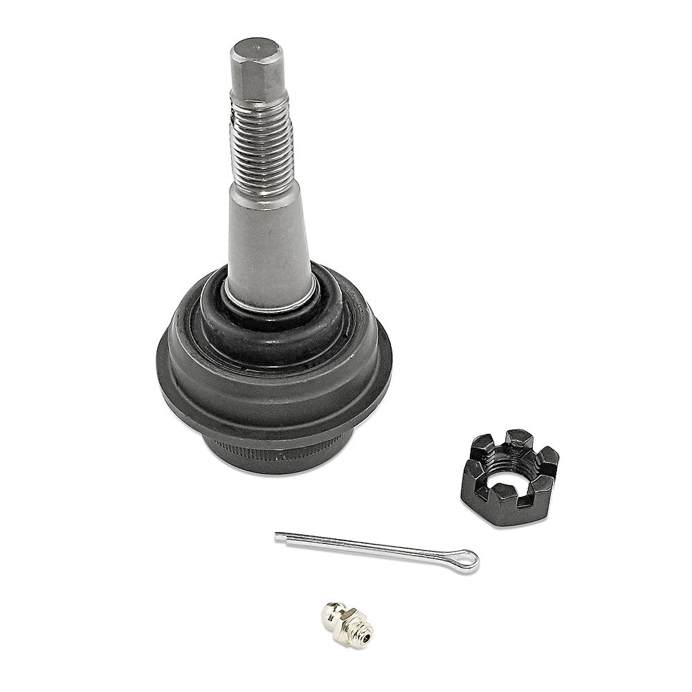 The Apex Chassis BJ161 Super HD Lower Ball Joint for Jeep Wrangler JL and Gladiator JT 4WD is shown with a black castle nut, cotter pin, and grease fitting on a white background.