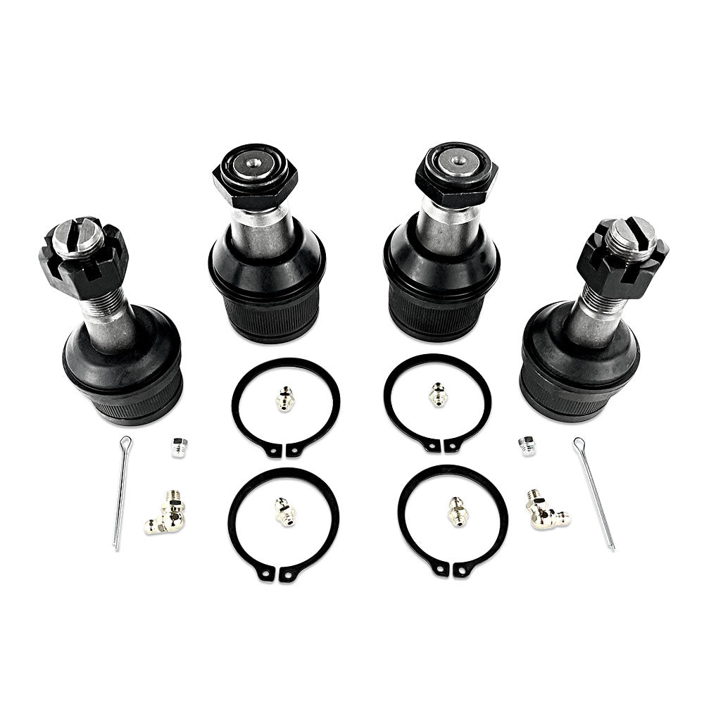The Apex Chassis KIT104 Ford/Dodge Ram Super HD Ball Joint Kit includes 2 BJ132 and 2 BJ139 ball joints with snap rings, grease fittings, and cotter pins, all displayed neatly on a white background.